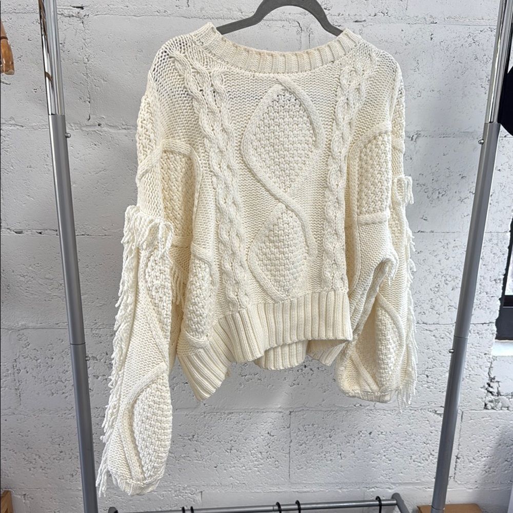 Cozy Cream Cable Knit Sweater - Line & Dot - Size Small Fringe Pullover - NWOT